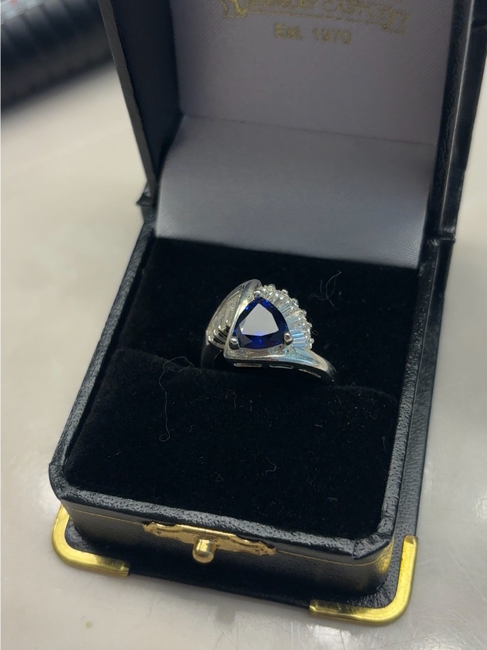 Sapphire-Style Triangle Blue Gem Silver Ring - Women Jewelry 925 silver size 8